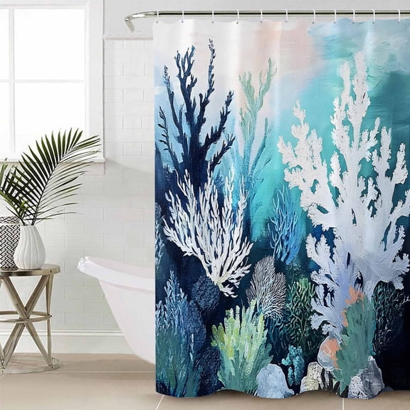 Coastal Ocean Shower Curtain Set, Waterproof Shower Curtains for Bathroom, Summer Vintage Colorful Coral Washable Fabric Cloth Bath Curtain for Bathtub Decoration with Hooks 66x72 Inches