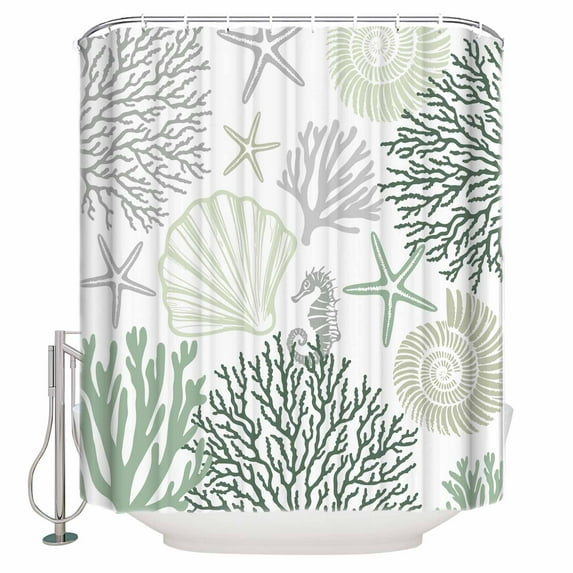 Coastal Ocean Shower Curtains for Bathroom Waterproof Fabric Bath Curtains Decor Bath Tub Curtain Sage Green Grey Coral Starfish Shell Decorative Shower Curtain Sets with 12 Hooks, 72x72 Inch