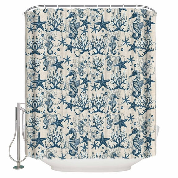 Coastal Ocean Shower Curtains for Bathroom Waterproof Fabric Bath Curtains Decor Bath Tub Curtain Vintage Seahorse Starfish Coral Decorative Shower Curtain Sets with 12 Hooks, 72x72 Inch