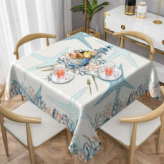 Coastal Ocean Starfish Nautical Beach Waterproof Picnic Party Square Table Cloth Cover Decorations Fabric 60 X 60 Inches Square Tablecloth for 30-46 Inch Home Dining Room Kitchen Decor