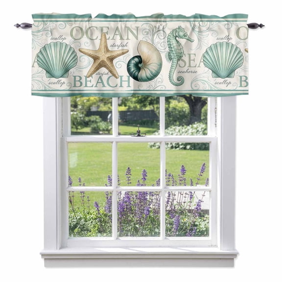 Coastal Ocean Starfish Shell Conch Valances for Windows,Kitchen Valance Rod Pocket Short Curtain, Summer Beach Marine Theme Valance Curtain Window Valances for Bedroom Bathroom Living Room 42x12in