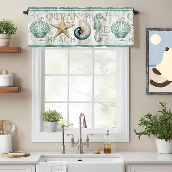 Coastal Ocean Starfish Shell Conch Valances for Windows,Kitchen Valance Rod Pocket Short Curtain, Summer Beach Marine Theme Valance Curtain Window Valances for Bedroom Bathroom Living Room 54x18in