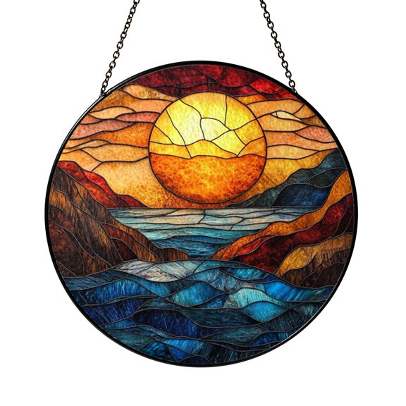 Coastal Ocean Sunset Stained Glass Suncatcher for Window, Beach Landscape Light Catcher Decor, Summer Seaside Home Gift Idea
