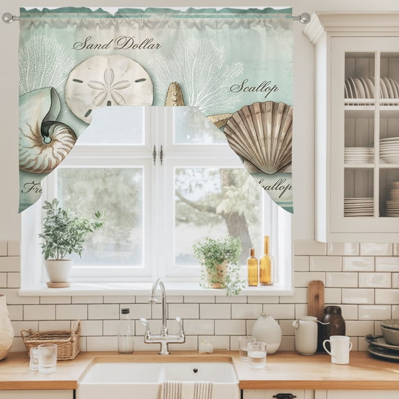 Coastal Ocean Swag Curtain Valance for Windows, Sand Dollar Shells Starfish Teal Green Retro Swag Curtains Drapes Rod Pocket for Kitchen Bathroom Small Window, 1 Panel 56x36in