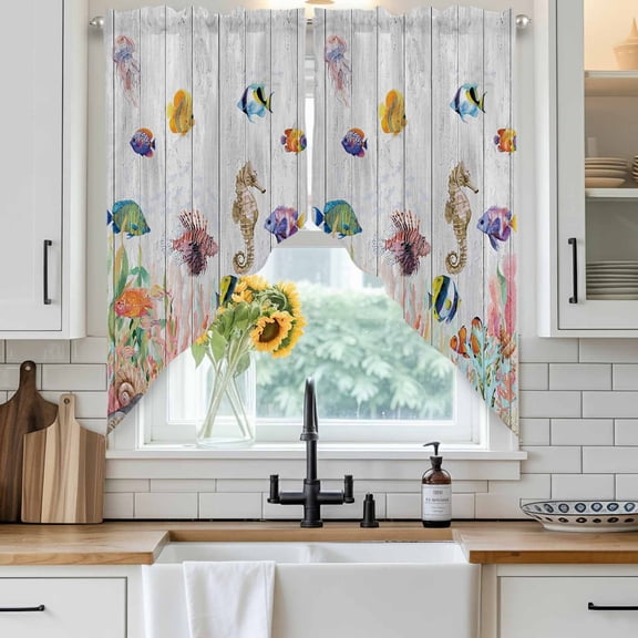 Coastal Ocean Swag Curtain Valance for Windows, Seahorse Coral Seaweed Seashell Fish Wood Grain Window Treatments Short Swag Topper for Kitchen Windows Bathroom Bedroom, 28"x36"