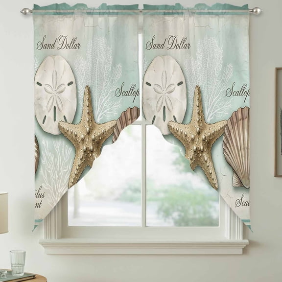 Coastal Ocean Swag Kitchen Curtain Valances, Sand Dollar Shells Starfish Teal Green Retro Rod Pocket Curtains Window Treatment Decor Valances for Bedroom Bathroom, 2 Panels 36 x 36 Inch
