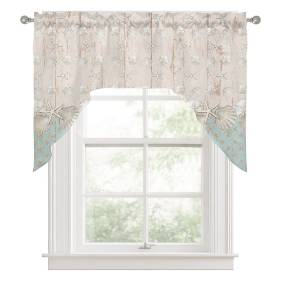 Coastal Ocean Swag Valances for Windows 56 x 36 Inch, Sea Shell Coastal Beach Mint Green Sandy Tan Wood Grain Rod Pocket Light Filtering Window Topper for Kitchen Bathroom Bedroom Living Room