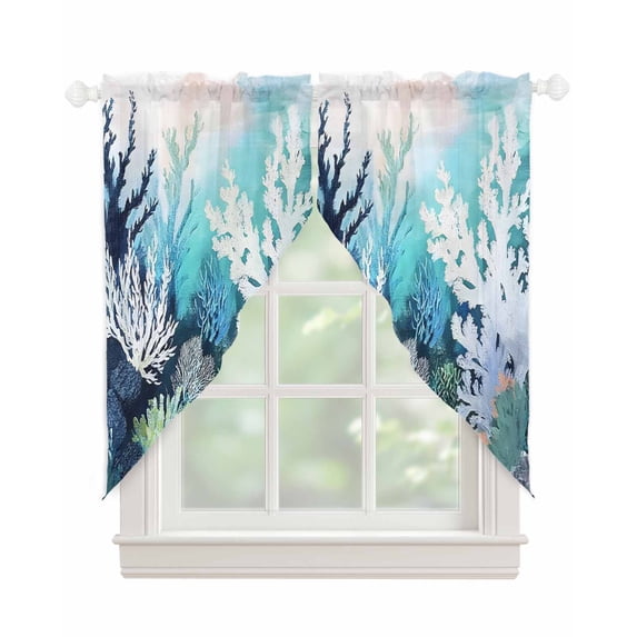 Coastal Ocean Swag Valances for Windows, Summer Vintage Colorful Coral Rod Pocket Sheer Valances for Large Windows, Swag Toppers Light Filtering for Kitchen Living Room 2 Panels 36''x63''