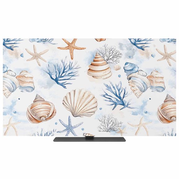 Coastal Ocean TV Dust Cover,Stretchable TV Screen Desktop Computer Protector Cover,Blue Yellow Coral Starfish Shell Gradient Television Dustproof Slipcover for 19–24 Inch Flat or Curved TVs
