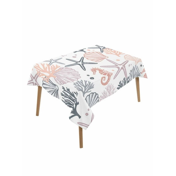 Coastal Ocean Table Cloth, Green Pink Coral Starfish Seahorse Shell Waterproof Tablecloth for Rectangle Tables, Reusable Washable Fabric Table Cover for Restaurant Kitchen Dining Tables 52"x70"