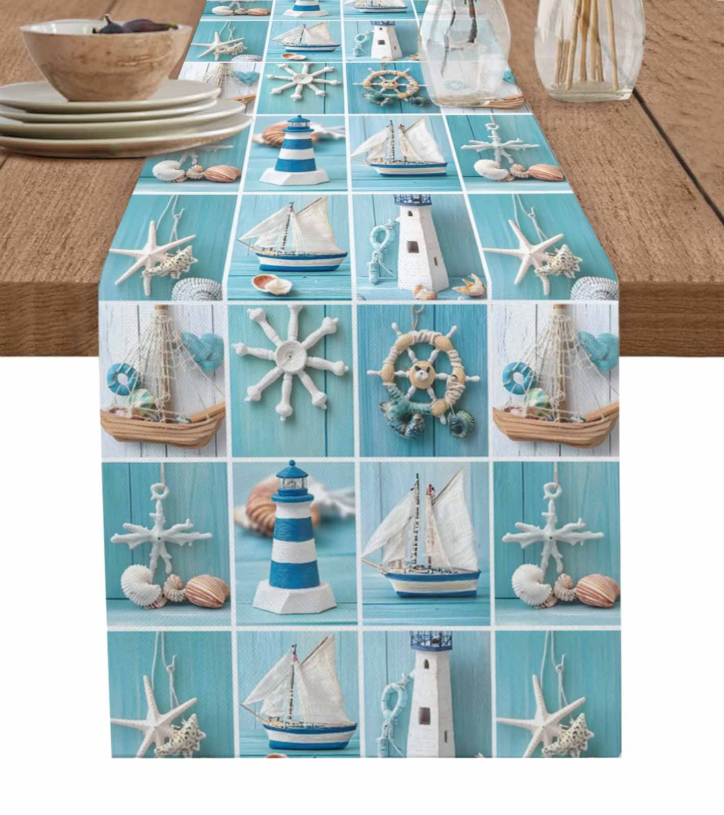 Coastal Ocean Table Runner 120 Inches, Nautical Lighthouse Blue Wooden ...