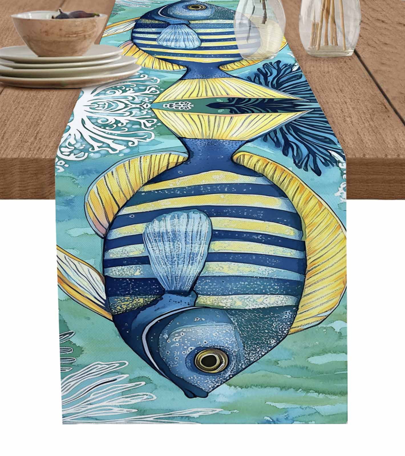 Coastal Ocean Table Runner 120 Inches, Summer Abstract Stripe Ombre ...