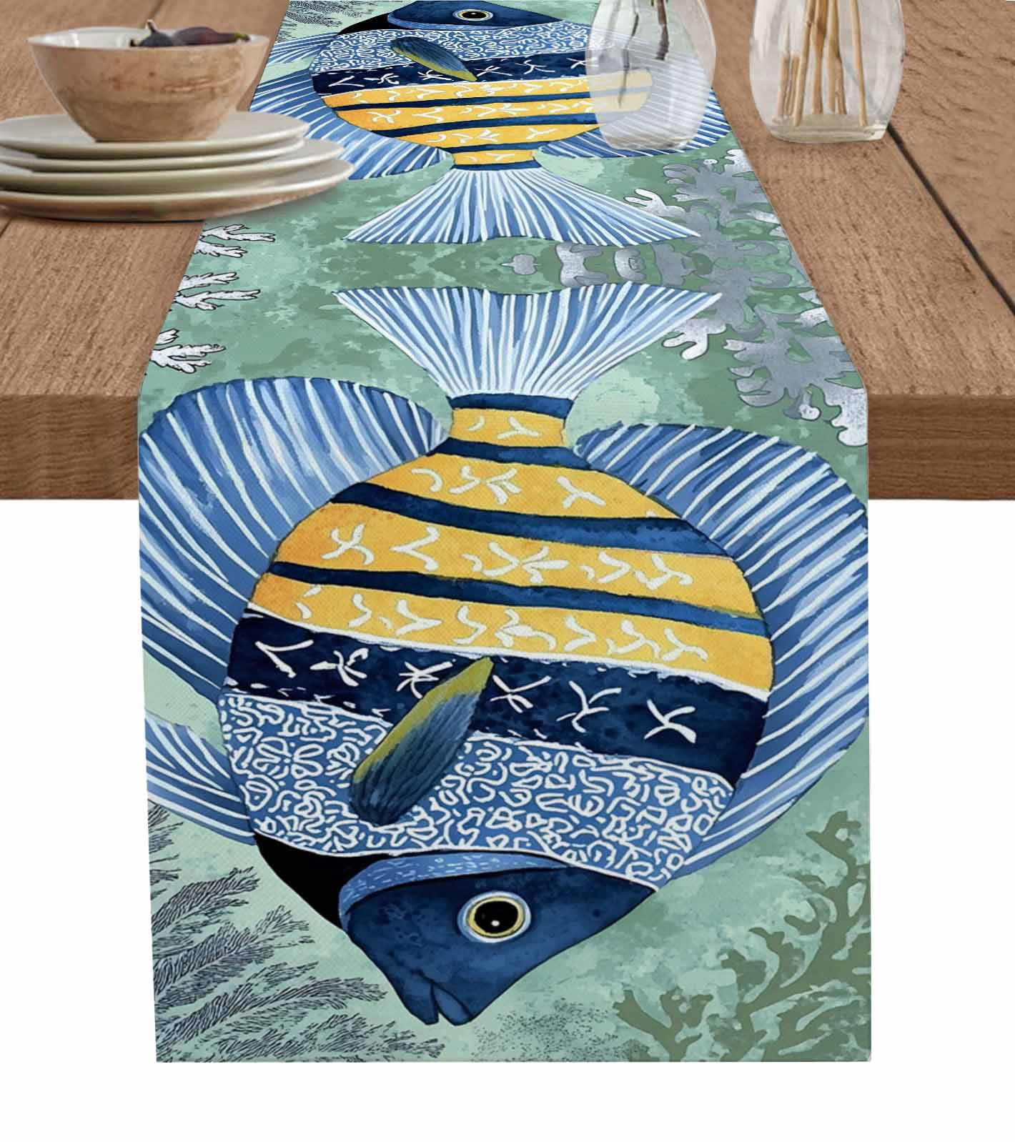 Coastal Ocean Table Runner 36 Inches, Summer Floral Stripe Ombre Fish ...