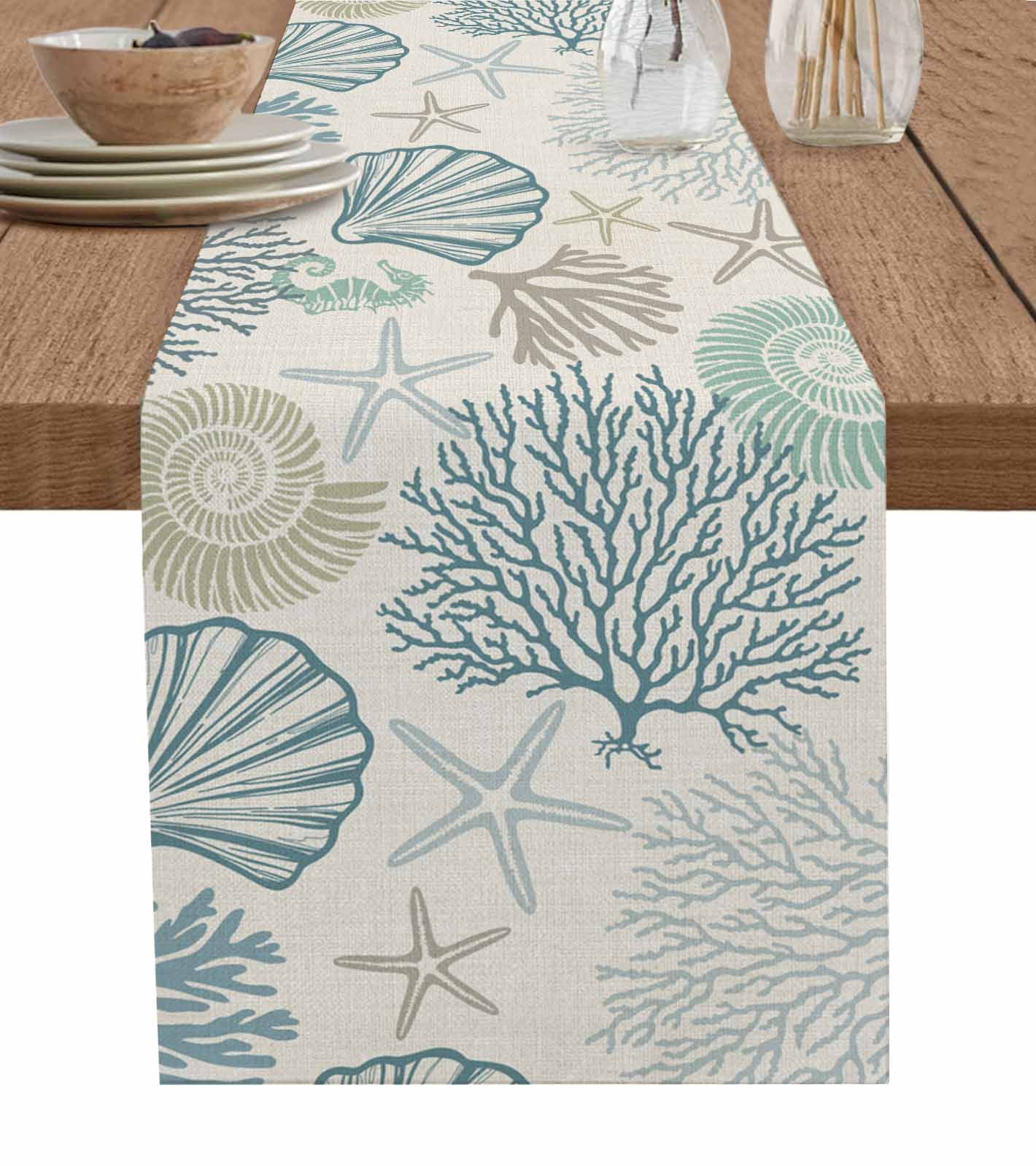 Coastal Ocean Table Runner 70 Inches, Vintage Coral Starfish Shell Seahorse Bed Runner Dresser Scarves Tabletop for Indoor Outdoor Parties/Ceremony/Banquet, 13" x 70"