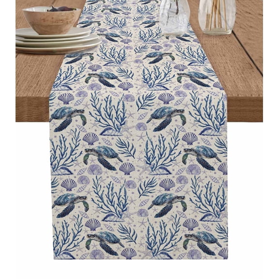 Coastal Ocean Table Runner 72 Inches, Blue Turtle Starfish Retro Coral Shell Bed Runner Dresser Scarves Tabletop for Indoor Outdoor Parties/Ceremony/Banquet, 18" x 72"
