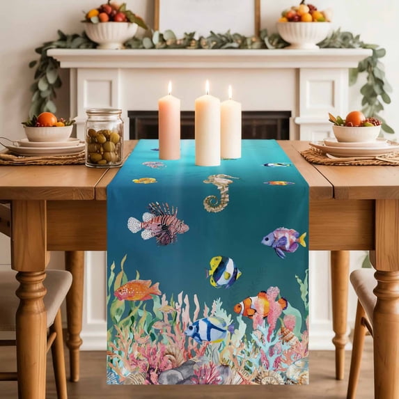 Coastal Ocean Table Runner, Seahorse Coral Seaweed Seashell Fish Fantacy Cotton Linen Kitchen Table Decoration Washable Dining Tabletop Runners for Home Party Decor 16x72 Inches