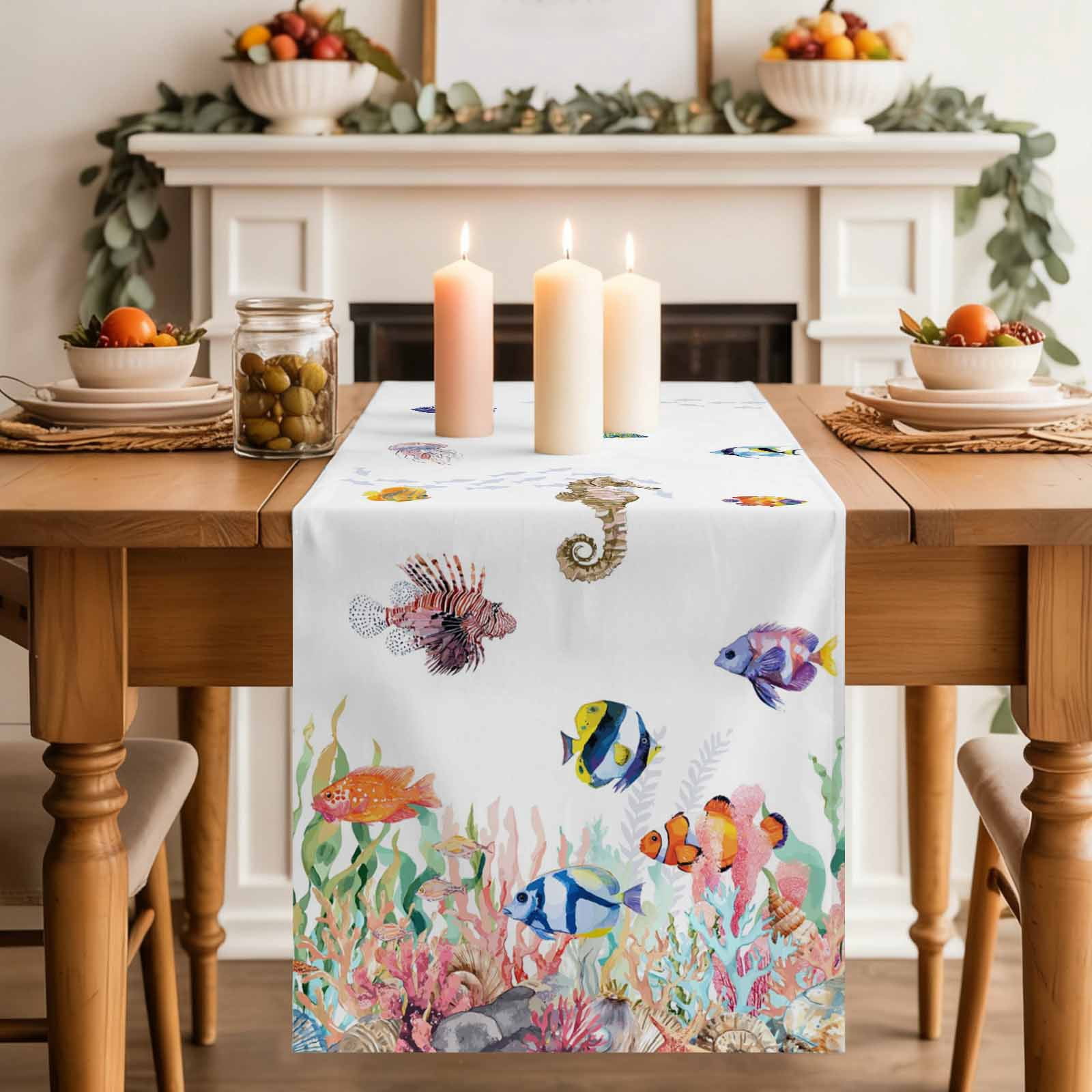 Coastal Ocean Table Runner, Seahorse Coral Seaweed Seashell Tropical ...