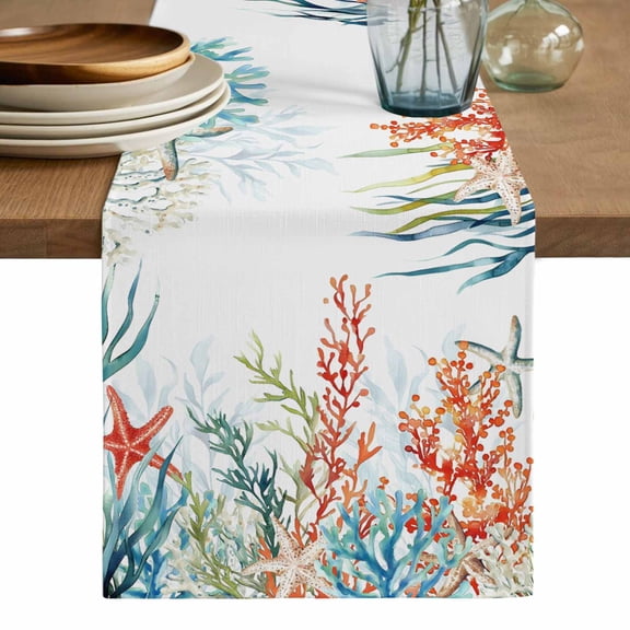 Coastal Ocean Table Runner, Summer Beach Coral Starfish Seagrass Washable Cotton Linen Table Runners 36 Inches Long, Dresser Scarf Runner for Nightstand/End Tables/Round Tables 13''x36''