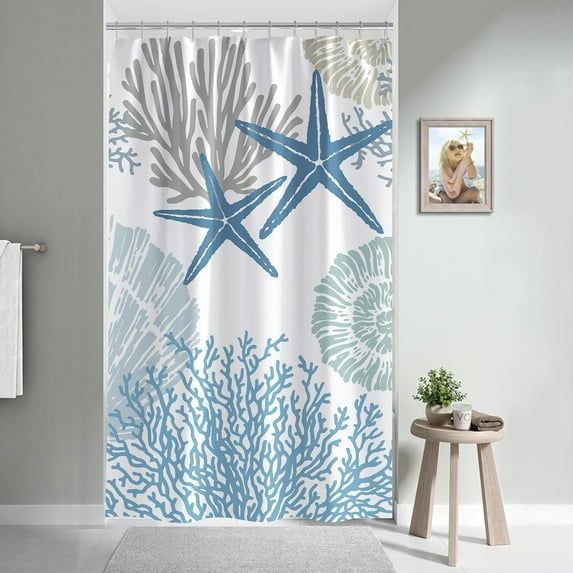 Coastal Shower Curtain, Ocean Beach Seashell Starfish Shower Curtain for Bathroom Decor, Marine Underwater Waterproof Fabric Shower Curtain Set with Hooks, 72x72, Blue