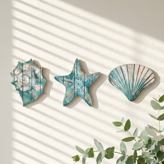 Coastal Ocean Themed Hanging Ornaments, Set of 3 Wooden Starfish Shell Conch Wall Decor for Beach House Nautical Home Door Porch Wall Party Decoration