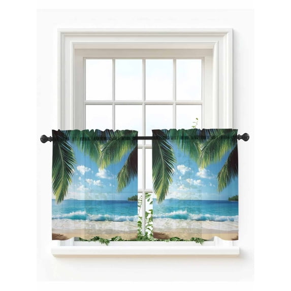 Coastal Ocean Tier Curtains 24 Inch Length,Sheer Curtains for Bedroom Living Room Window Sandy Beach Coconut Tree Blue Sky Scenery Small Half Window Kitchen Curtains & Drapes 27.5"x24" 2 Panels