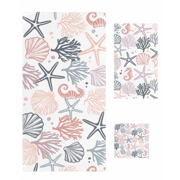 Coastal Ocean Towel Set of 3, Soft Microfiber Bath Towels, Hand Towel, Washcloths, Green Pink Coral Starfish Seahorse Shell Quick-Dry Absorbent Towels for Bathroom Kitchen Hotel Beach Gym Spa