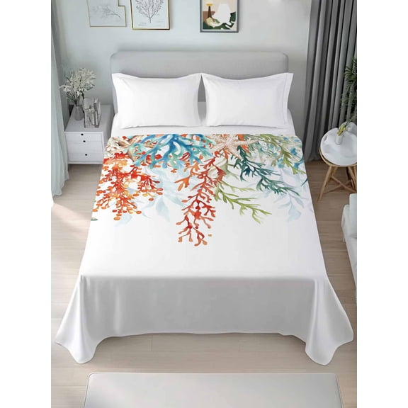 Coastal Ocean Twim Size Flat Sheet, Wrinkleproof & Fadeproof Cooling Flat Bed Sheet Only, Summer Beach Coral Starfish Seagrass Breathable Soft Bedding Top Sheets 66 x 96 Inches