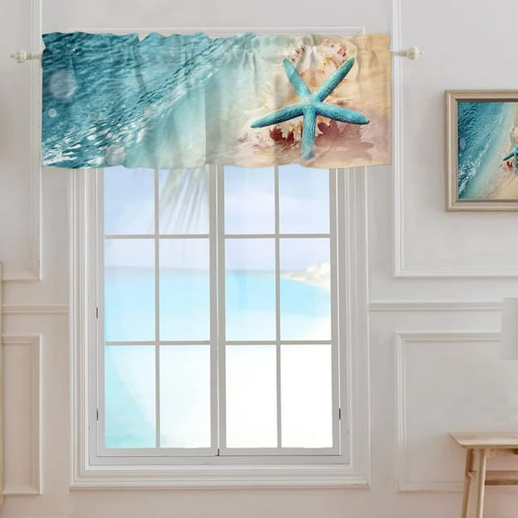 Coastal Ocean Valance Curtain for Window, Summer Starfish Sea Shells on Beach Rod Pocket Kitchen Valances Short Curtain Panel Windows Treatment Drapes for Bathroom/Bedroom/Cafe Seaside Landscape