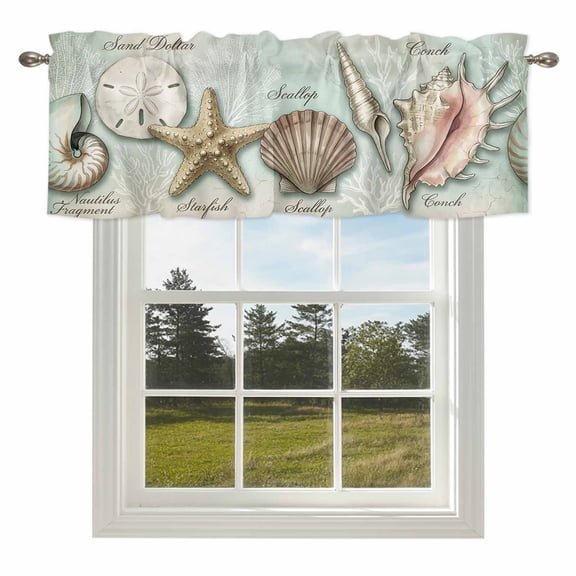 Coastal Ocean Valances for Windows, 42x18in, Sand Dollar Shells Starfish Teal Green Retro Rod Pocket Kitchen Valance Curtain Light Filtering Window Treatments for Living Room Bedroom