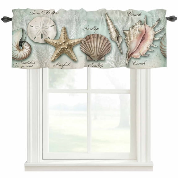 Coastal Ocean Valances for Windows Sand Dollar Shells Starfish Teal Green Retro Rod Pocket Curtain Valance Window Treatment Short Curtains for Kitchen Living Room, 42"x18"