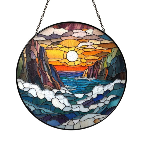 Coastal Ocean View Stained Glass Window Decor, Cliffside Nature Suncatcher With Scenic Style