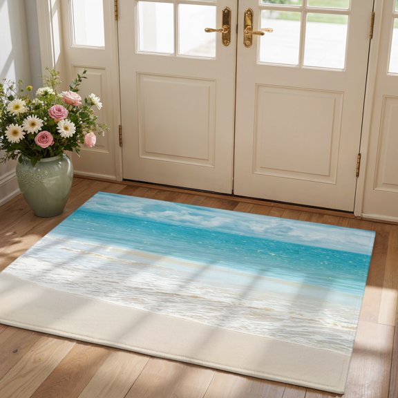 Coastal Ocean Washable 2x3 Entryway Rug, Ultra-Thin Ocean Waves Beach Sea Shore Door Mat Indoor Entrance, Non Slip Small Area Rug, Low Pile Floor Carpet for Kitchen Bathroom Bedroom