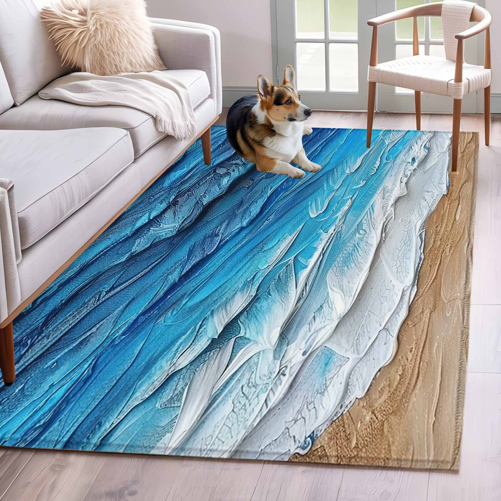 Low Profile Blue Rug Coastal Ocean Washable Area Rug 3x5 Beach Dark Blue Waves Gradient Oil ...