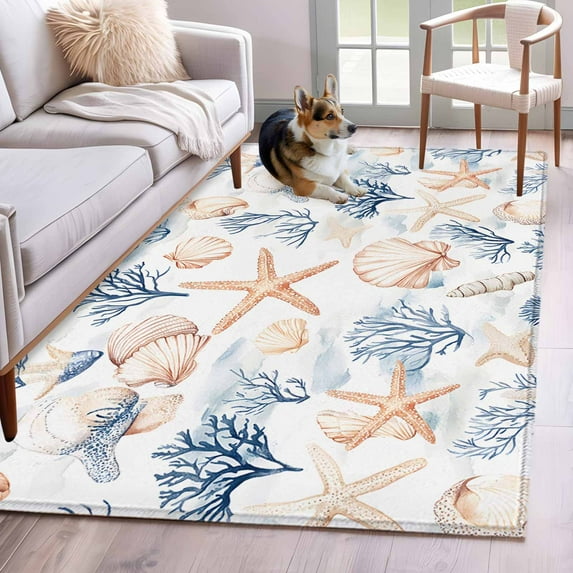 Coastal Ocean Washable Area Rugs 4'x6', Yellow Blue Starfish Shell Coral Marine Life Low Pile Throw Living Room Rug Non-Slip Sturdy Edge Binding Carpet for Indoor Entryway Bedside Kitchen