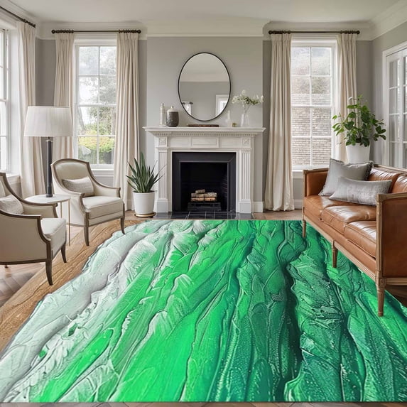 Coastal Ocean Washable Living Room Rugs 6'x9', Beach Dark Green Waves Gradient Oil Painting Low Pile Throw Large Area Rug Non-Slip Sturdy Edge Binding Carpet for Dining Room Kitchen Office