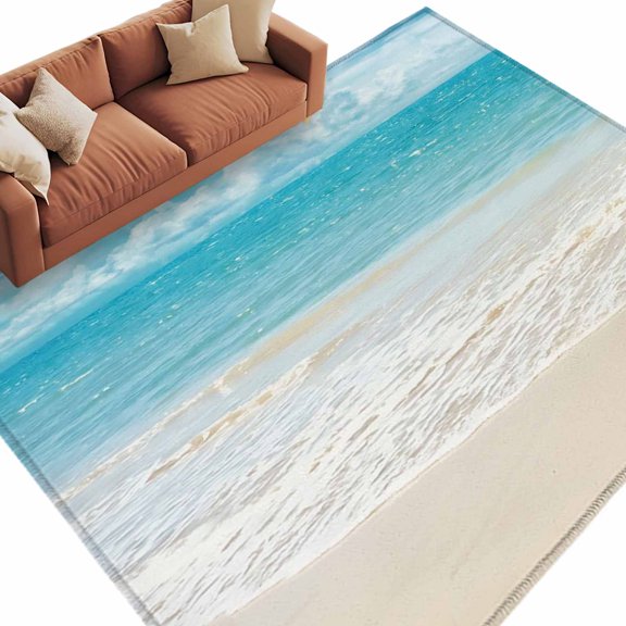 Coastal Ocean Washable Living Room Rugs 9'x12', Ocean Waves Beach Sea Shore Low Pile Throw Large Area Rug Non-Slip Sturdy Edge Binding Carpet for Bedroom Dining Room Office
