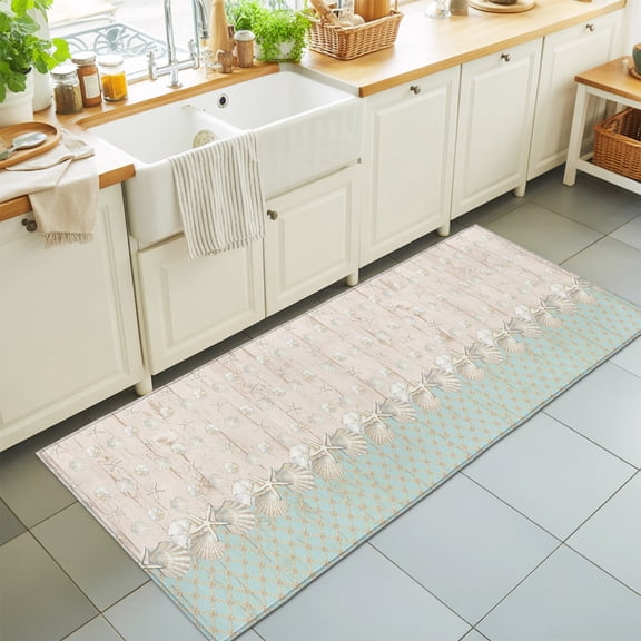 Coastal Ocean Washable Runner Rugs 2'x6', Sea Shell Coastal Beach Mint Green Sandy Tan Wood Grain Washable Runner Rug Non-Slip Sturdy Edge Binding Carpet for Bedside Hallway Runner Kitchen Galley