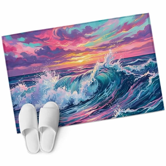 Coastal Ocean Washable Small Entryway Area Rugs 2'x3', Pink Purple Blue Sea Waves Sunset Sky Ocean Low Pile Throw Rug Non-Slip Sturdy Edge Binding Carpet for Front Door Floor Room Entry