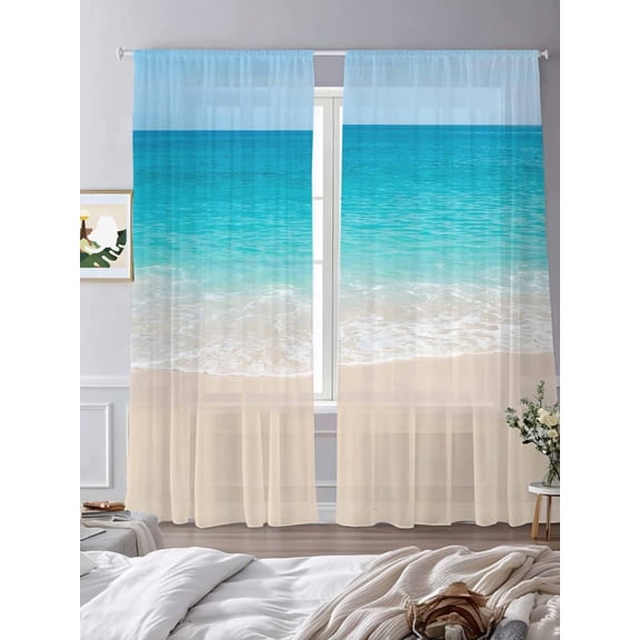 Coastal Ocean Wave Beach Sheer Curtains 2 Panels Set Summer Seaside Theme Lihgt Filtering Rod Pocket Voile Drape,Semi Sheer Window Curtains for Bedroom Living Room,52"x84"