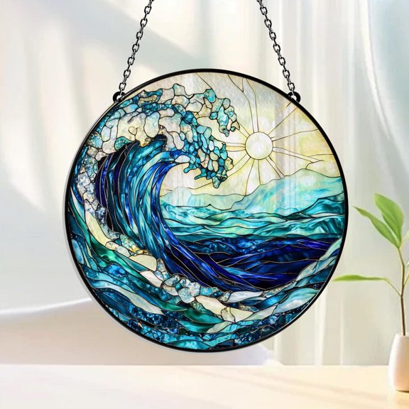 Coastal Ocean Wave Glass Suncatcher v2, Tropical Sea View Window Art, Beach House, 3.5 in