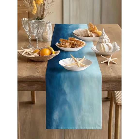 Coastal Ocean Wave Ombre Style Table Runner 13x36in Non-Slip Cotton Linen Table Runners, Blue Gradient Beach Dresser Scarves TableRunner for Dinner Kitchen Dining Wedding Party