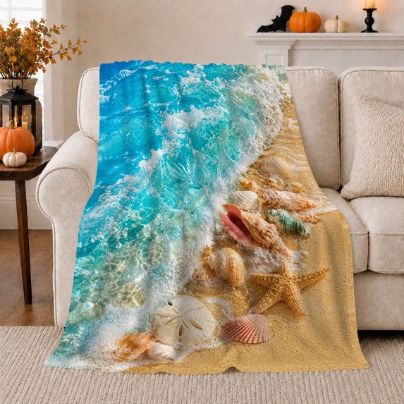 Coastal Ocean Wave Sandy Shore Seashells Vibrant Beach, Cozy Coastal Landscape Scene, Warm Flannel Blanket for Beach House and Living Room, Beach Lovers Housewarming Gift, Coastal Home Decor