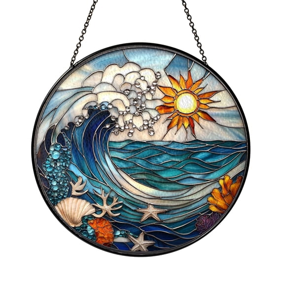 Coastal Ocean Wave Stained Glass Suncatcher, Round Window Hanging with Bright Sunrise Art