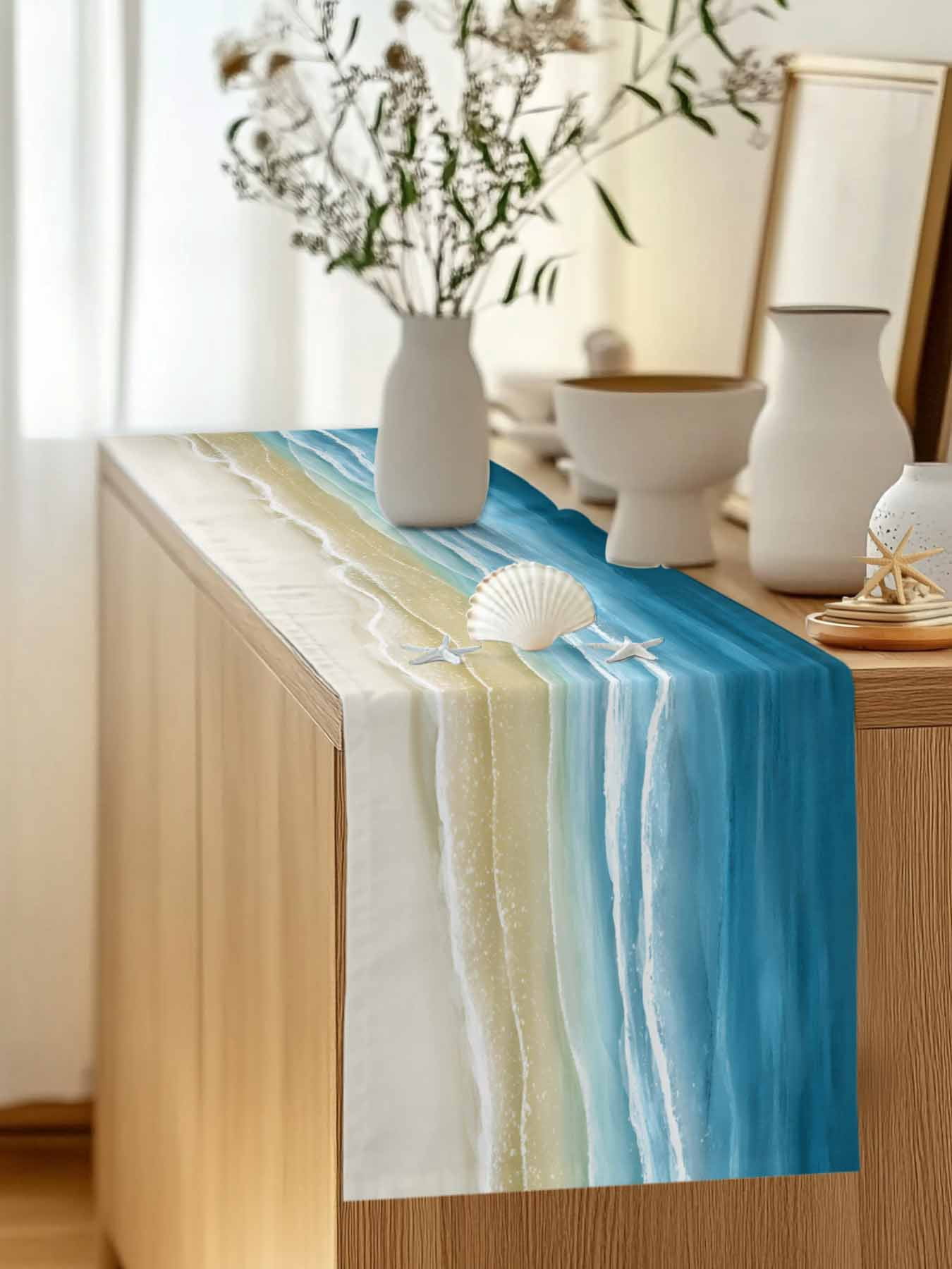 Coastal Ocean Wave Water Ripple Table Runner 13x48in Non-Slip Cotton ...