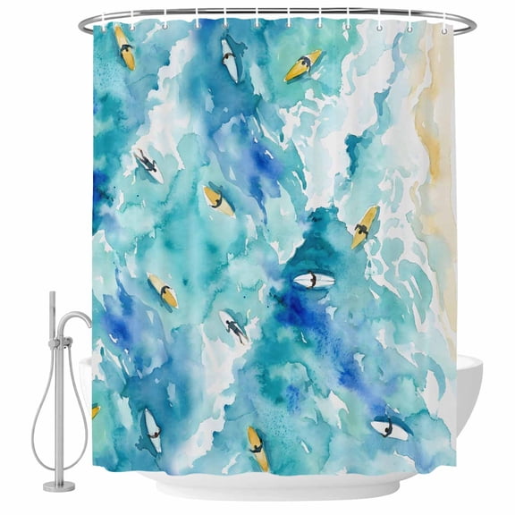 Coastal Ocean Waves Fabric Shower Curtain Watercolor Surfing Beach Blue Washable Shower Curtains for Bathroom, Waterproof Bath Curtain with Hooks Home Decor 72x72in
