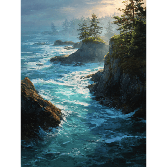 Coastal Ocean Waves Rocky Shoreline Canvas Print Wall Art for Living Room Office Bathroom