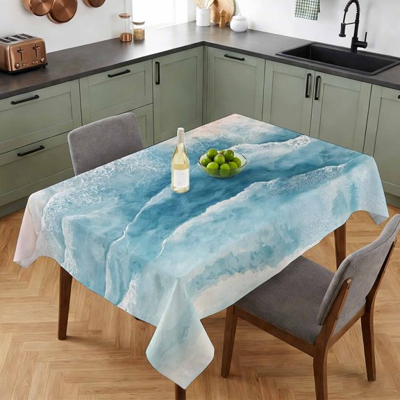 Coastal Ocean Waves Table Cloth 52x70in, Waterproof Rectangle Tablecloth Wipeable Tablecloths Turquoise Watercolor Background Table Covers for Dining Tables Party Indoor Outdoor