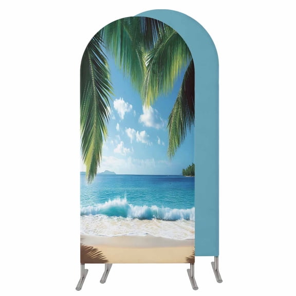 Coastal Ocean Wedding Arch Cover,Stretchy Spandex Arch Backdrop Stand Covers 4 FT,Sandy Beach Coconut Tree Blue Sky Scenery Round Top Arched Backdrop Cover for Birthday Party Ceremony Baby Shower