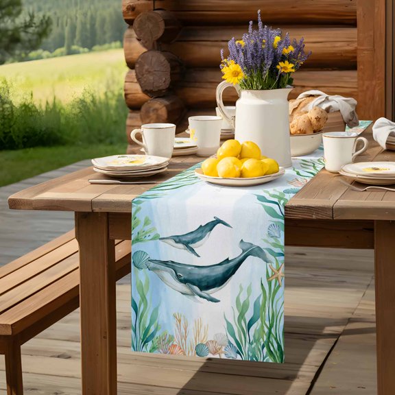 Coastal Ocean Whale Fish Table Runner 60 Inch Long Sea Blue Marine Life Table Runners Linen Burlap Tablerunner for Kitchen Dining Room Holiday Party