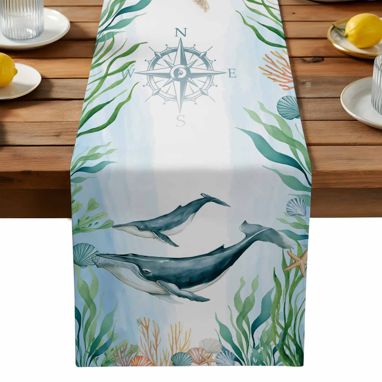 Coastal Ocean Whale Fish Table Runners 13x90 Inches Long Linen Burlap ...